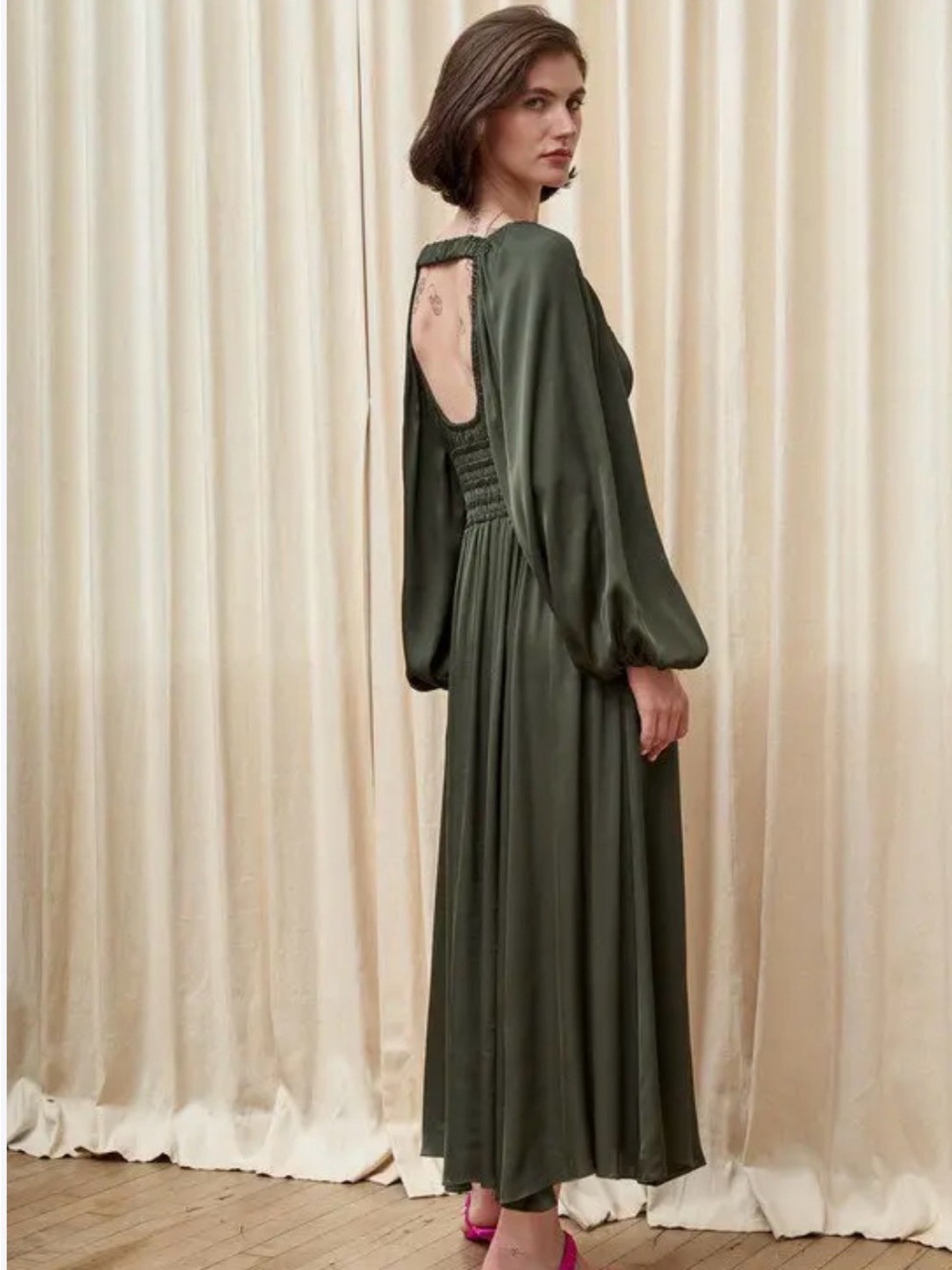 La Ligne Olive Green Open-Back Maxi Dress